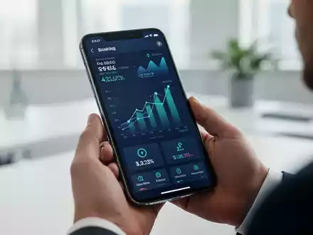 Ein Smartphone mit einer Banking-App in einer modernen Büroumgebung, die Finanzstatistiken und grafische Daten zeigt. - Foto: über boerse-global.de