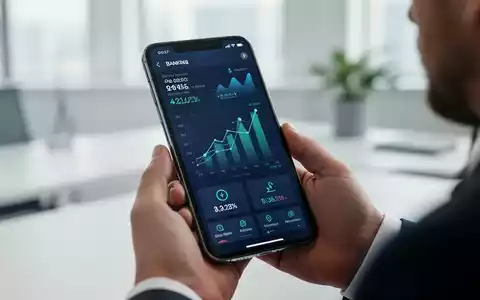 Ein Smartphone mit einer Banking-App in einer modernen Büroumgebung, die Finanzstatistiken und grafische Daten zeigt. - Foto: über boerse-global.de