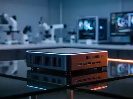 Kompakter High-Performance-Mini-PC-Workstation auf professionellem Schreibtisch in moderner Tech-Umgebung. - Foto: über boerse-global.de