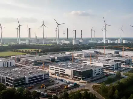 Windkraftanlagen und ein angrenzendes Gewerbegebiet in Nordrhein-Westfalen bei Tageslicht. - Foto: über boerse-global.de