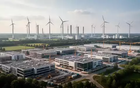 Windkraftanlagen und ein angrenzendes Gewerbegebiet in Nordrhein-Westfalen bei Tageslicht. - Foto: über boerse-global.de