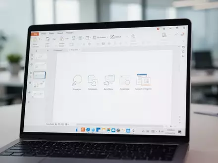 Ein moderner Laptop-Bildschirm zeigt eine aufgeräumte PowerPoint-Benutzeroberfläche in einer professionellen Büroumgebung. - Foto: über boerse-global.de