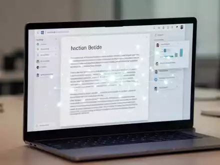 Ein Laptop-Bildschirm zeigt eine digitale Dokumentoberfläche mit abstrakten KI-gestützten Datenvisualisierungswerkzeugen. - Foto: über boerse-global.de