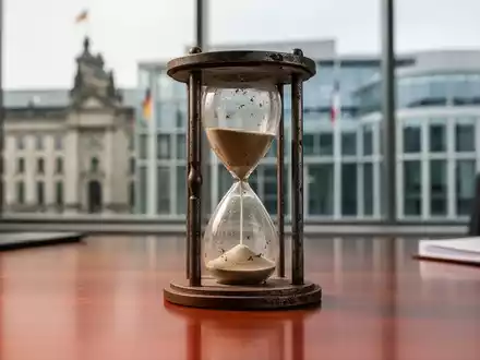 Ein Stundenglas auf einem Schreibtisch vor einem unscharfen Hintergrund eines Regierungsgebäudes. - Foto: über boerse-global.de