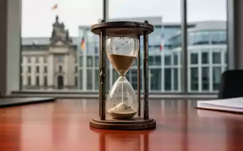 Ein Stundenglas auf einem Schreibtisch vor einem unscharfen Hintergrund eines Regierungsgebäudes. - Foto: über boerse-global.de
