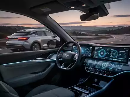 Modernes Elektro-SUV auf der Autobahn in der Dämmerung, mit fortschrittlicher Fahrzeugtechnik und Innenraum-Displays. - Foto: über boerse-global.de