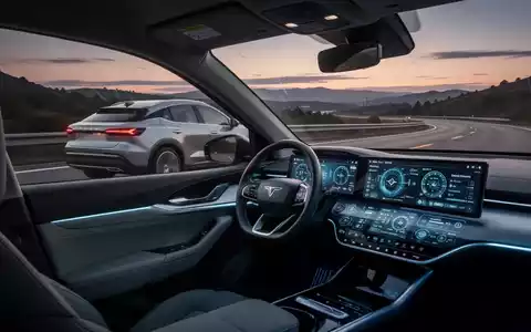 Modernes Elektro-SUV auf der Autobahn in der Dämmerung, mit fortschrittlicher Fahrzeugtechnik und Innenraum-Displays. - Foto: über boerse-global.de