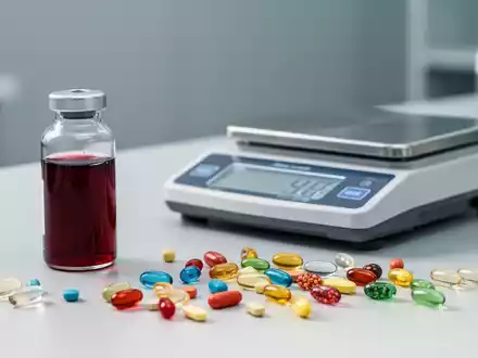 Ein medizinischer Labortisch mit einer Blutprobe, einer Feinwaage und verschiedenen Kapseln mit Nahrungsergänzungsmitteln. - Foto: über boerse-global.de