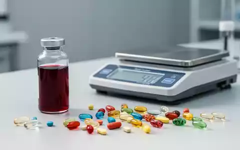 Ein medizinischer Labortisch mit einer Blutprobe, einer Feinwaage und verschiedenen Kapseln mit Nahrungsergänzungsmitteln. - Foto: über boerse-global.de