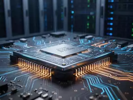 Nahaufnahme eines Hightech-Siliziumphotonik-Chips auf einer Leiterplatte in einem Serverrack eines Rechenzentrums. - Foto: ĂŒber boerse-global.de