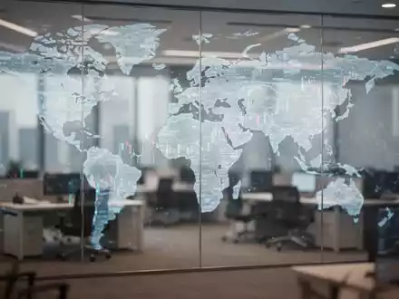Abstrakte Darstellung einer Weltkarte in einem modernen Finanzbüro als Symbol für globale Aktienmarktanalysen. - Foto: über boerse-global.de