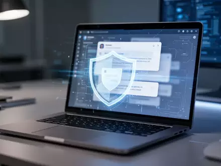 Ein moderner Laptop mit E-Mail-Oberfläche und digitalem Sicherheitsschild für Cybersicherheit. - Foto: über boerse-global.de