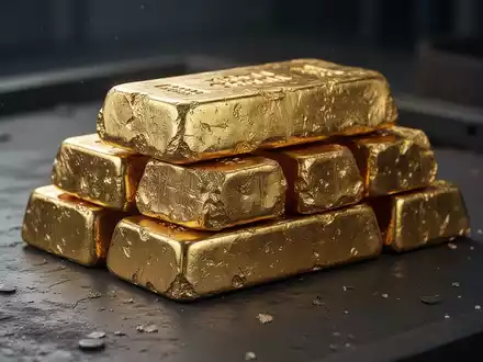 Stapel aus Goldbarren auf einem dunklen industriellen Untergrund. - Foto: über boerse-global.de