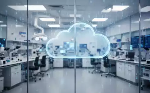 Digitale Datenmatrix über einem modernen medizinischen Labor zur Veranschaulichung von Cloud-Sicherheitsrisiken im Gesundheitswesen. - Foto: über boerse-global.de