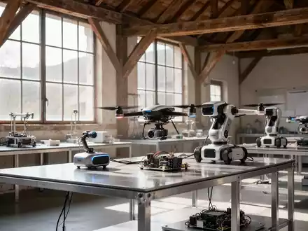 Ein modernes Robotik-Labor in einer umgebauten Scheune mit Drohnen-Prototypen auf Werkbänken vor rustikalen Holzbalken. - Foto: über boerse-global.de