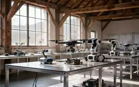 Ein modernes Robotik-Labor in einer umgebauten Scheune mit Drohnen-Prototypen auf Werkbänken vor rustikalen Holzbalken. - Foto: über boerse-global.de