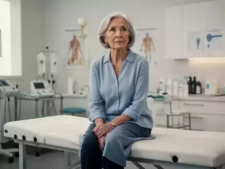 Ältere Frau in einer modernen Physiotherapiepraxis, die nachdenklich auf einer Untersuchungsliege sitzt. - Foto: über boerse-global.de