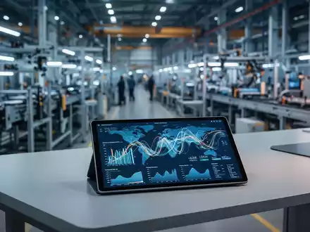 Moderne industrielle Fertigungshalle mit digitalen Handelsdiagrammen auf einem Tablet im Vordergrund. - Foto: über boerse-global.de