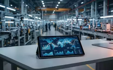 Moderne industrielle Fertigungshalle mit digitalen Handelsdiagrammen auf einem Tablet im Vordergrund. - Foto: über boerse-global.de