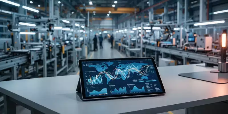 Moderne industrielle Fertigungshalle mit digitalen Handelsdiagrammen auf einem Tablet im Vordergrund. - Foto: über boerse-global.de