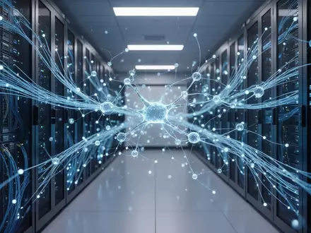 Abstrakte Darstellung einer modernen Serverumgebung mit blauen Lichtleitungen, die künstliche Intelligenz und Datenströme symbolisiert. - Foto: über boerse-global.de