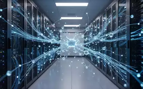Abstrakte Darstellung einer modernen Serverumgebung mit blauen Lichtleitungen, die künstliche Intelligenz und Datenströme symbolisiert. - Foto: über boerse-global.de