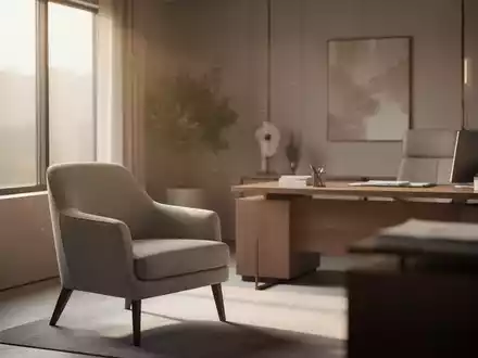 Ein modernes, minimalistisches Therapiezimmer mit einem leeren Sessel vor einem Fenster bei sanftem Tageslicht. - Foto: über boerse-global.de