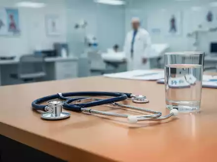 Stethoskop und ein Glas Wasser auf einem Arzt-Schreibtisch als Symbol für die medizinische Diagnose von Refluxbeschwerden. - Foto: über boerse-global.de