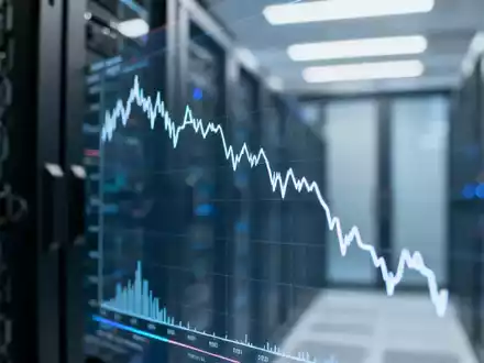 Digitale Kursgrafik eines Halbleiter-ETFs mit fallendem Trend vor verschwommenem Hintergrund eines Serverraums. - Foto: über boerse-global.de