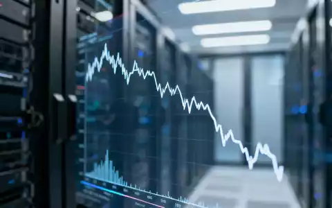 Digitale Kursgrafik eines Halbleiter-ETFs mit fallendem Trend vor verschwommenem Hintergrund eines Serverraums. - Foto: über boerse-global.de