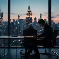 Eine Person sitzt erschöpft an einem Schreibtisch vor einem verschwommenen Stadtpanorama bei Dämmerung. - Foto: über boerse-global.de