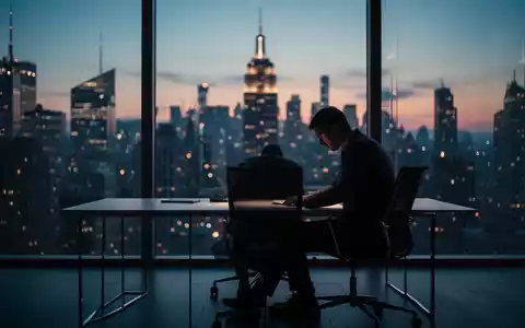 Eine Person sitzt erschöpft an einem Schreibtisch vor einem verschwommenen Stadtpanorama bei Dämmerung. - Foto: über boerse-global.de