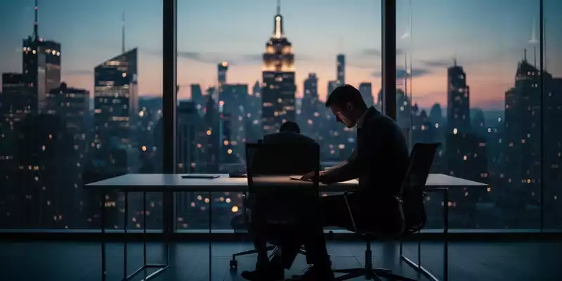 Eine Person sitzt erschöpft an einem Schreibtisch vor einem verschwommenen Stadtpanorama bei Dämmerung. - Foto: über boerse-global.de
