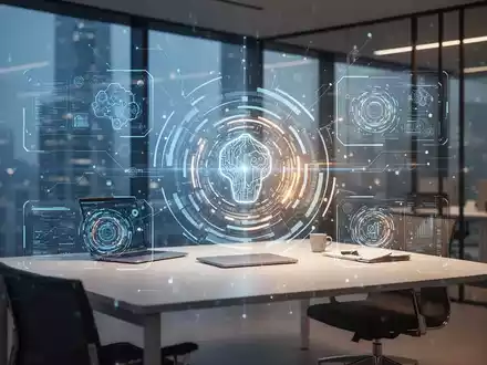 Modernes Büro mit digitaler Benutzeroberfläche als Symbol für KI-gestützte Produktivität und technologischen Fortschritt. - Foto: über boerse-global.de