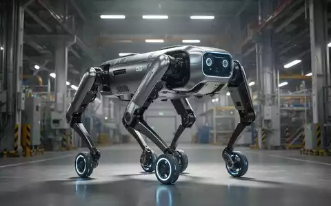 Ein hochmoderner vierbeiniger Roboter mit Rädern an den Füßen navigiert durch eine industrielle Anlage. - Foto: über boerse-global.de