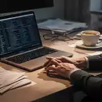 Ein unaufgeräumter Schreibtisch im Homeoffice mit Laptop und Kaffeetasse bei gedimmtem, stimmungsvollem Licht. - Foto: über boerse-global.de