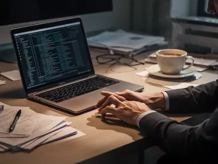 Ein unaufgeräumter Schreibtisch im Homeoffice mit Laptop und Kaffeetasse bei gedimmtem, stimmungsvollem Licht. - Foto: über boerse-global.de