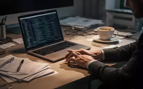 Ein unaufgeräumter Schreibtisch im Homeoffice mit Laptop und Kaffeetasse bei gedimmtem, stimmungsvollem Licht. - Foto: über boerse-global.de