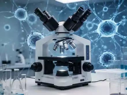 Ein wissenschaftliches Labor mit einem Mikroskop und abstrakten Darstellungen von zellulären Strukturen und Nervenbahnen. - Foto: über boerse-global.de