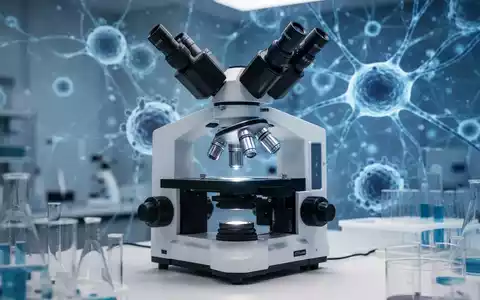 Ein wissenschaftliches Labor mit einem Mikroskop und abstrakten Darstellungen von zellulären Strukturen und Nervenbahnen. - Foto: über boerse-global.de