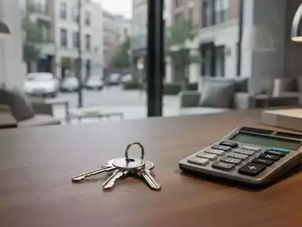 Ein Schreibtisch mit Hausschlüsseln und einem Taschenrechner vor einem unscharfen Hintergrund einer Wohnstraße. - Foto: über boerse-global.de