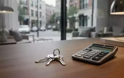 Ein Schreibtisch mit Hausschlüsseln und einem Taschenrechner vor einem unscharfen Hintergrund einer Wohnstraße. - Foto: über boerse-global.de