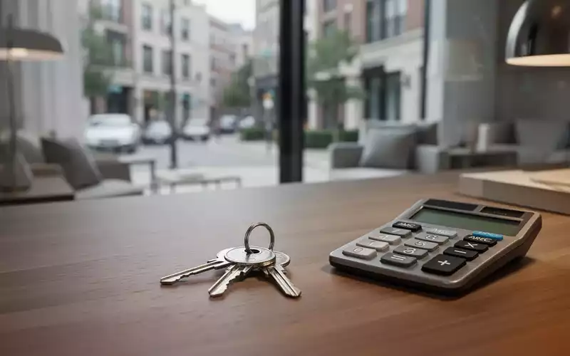 Ein Schreibtisch mit Hausschlüsseln und einem Taschenrechner vor einem unscharfen Hintergrund einer Wohnstraße. - Foto: über boerse-global.de