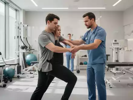 Ein Physiotherapeut leitet einen Patienten bei einer Übung zur Haltungskorrektur in einer modernen Praxis an. - Foto: über boerse-global.de