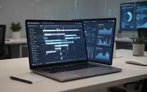 Moderner Arbeitsplatz mit einem Laptop, auf dem eine komplexe digitale Projektplanung und Datenvisualisierung zu sehen ist. - Foto: über boerse-global.de