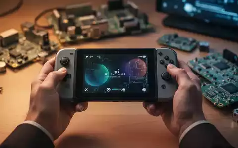 Eine Handheld-Spielkonsole in Händen, mit unscharfen Computerkomponenten im Hintergrund. - Foto: über boerse-global.de