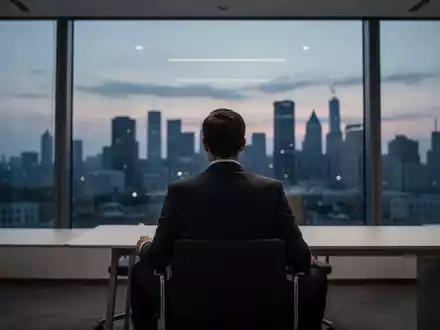 Eine Person in Business-Kleidung blickt nachdenklich aus einem Bürofenster über eine nächtliche Stadt. - Foto: über boerse-global.de