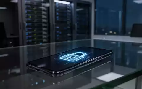 Ein Smartphone mit einem leuchtenden digitalen Schloss-Symbol auf einem Schreibtisch vor einem unscharfen Serverraum. - Foto: über boerse-global.de