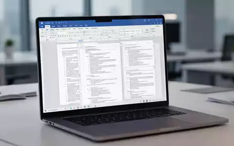 Ein moderner Laptop-Bildschirm zeigt ein umfangreiches Microsoft Word-Dokument in einem professionellen Büro-Setup. - Foto: über boerse-global.de