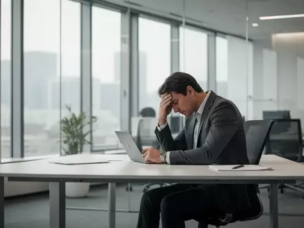 Eine Person sitzt lustlos an einem modernen Schreibtisch in einem leeren, minimalistischen Büro. - Foto: über boerse-global.de